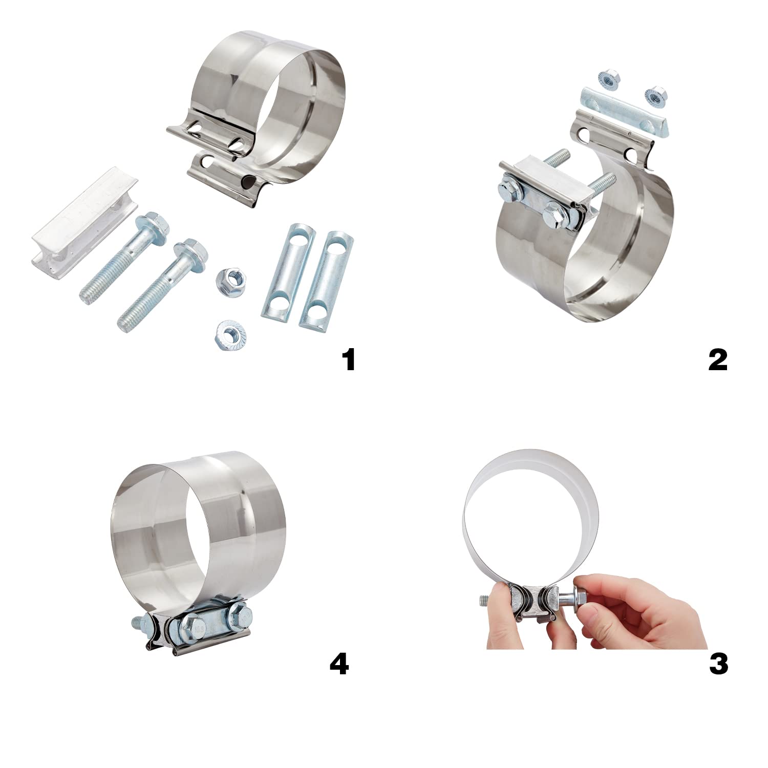 Floshine 2.5 In Lap Joint Band Clamps,Exhaust Muffler Clamp 2 Pcs,2.5 Exhaust Pipe Clamps Preformed Stainless Steel