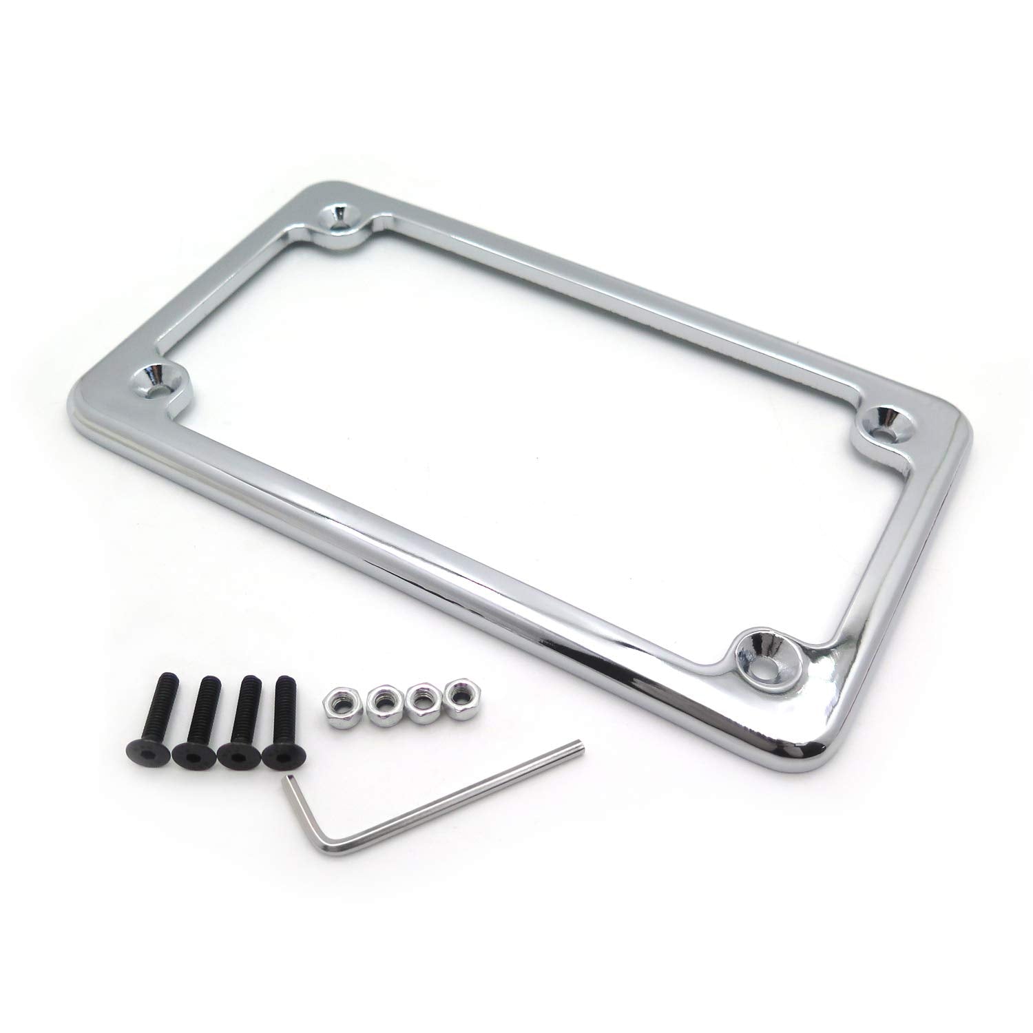 Httmt Mt294-001-Cd Chrome Flat License Plate Frame Bracket Tag Holder 7 Inches X 4 Inches Compatible With Universal Motorcycle