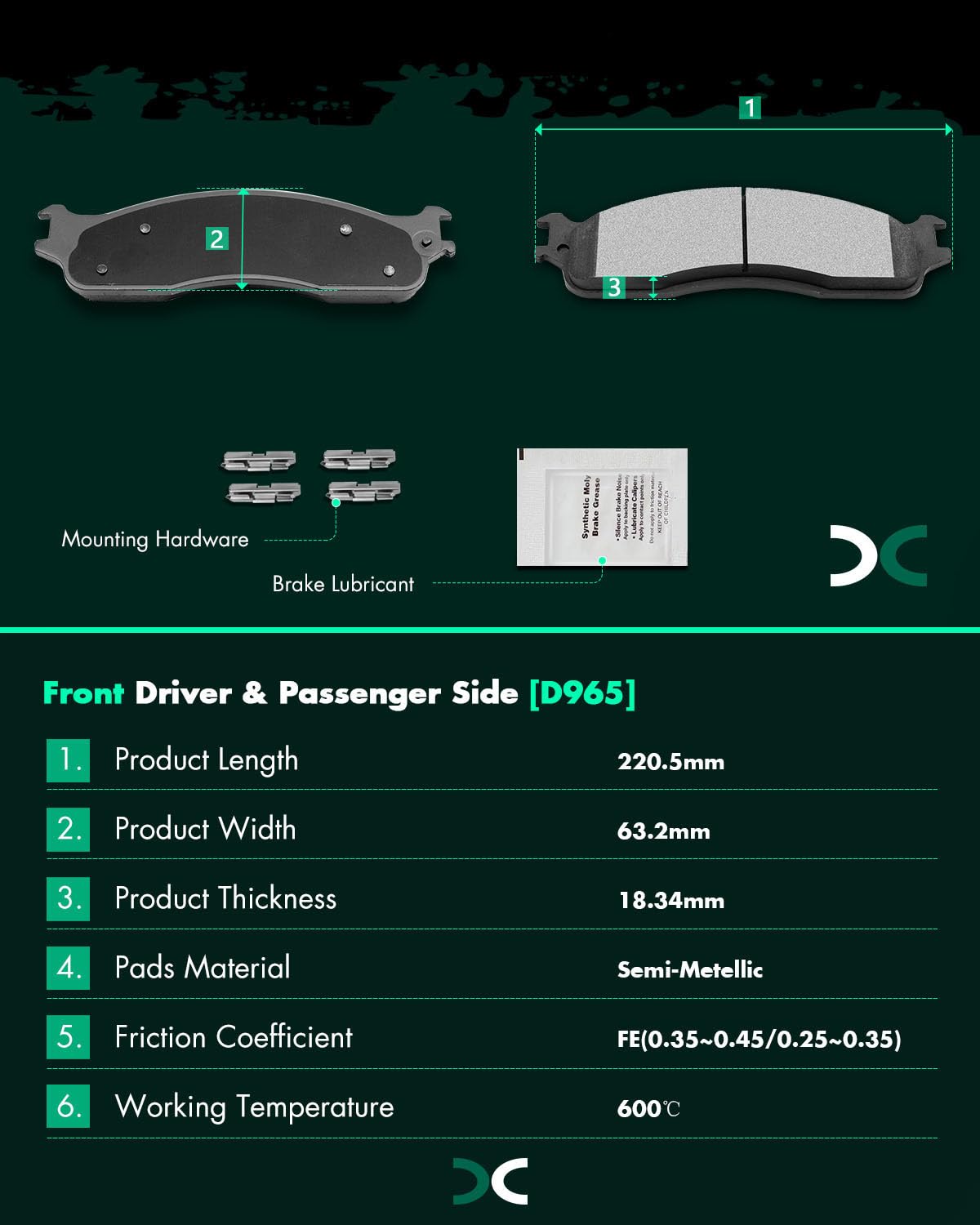 Scitoo D965 D702 Front Rear Semi-Metal Brake Pads Sets Fit For Dodge Ram 1500 2006-2008,For Dodge Ram 2500 2003-2008,For Dodge R