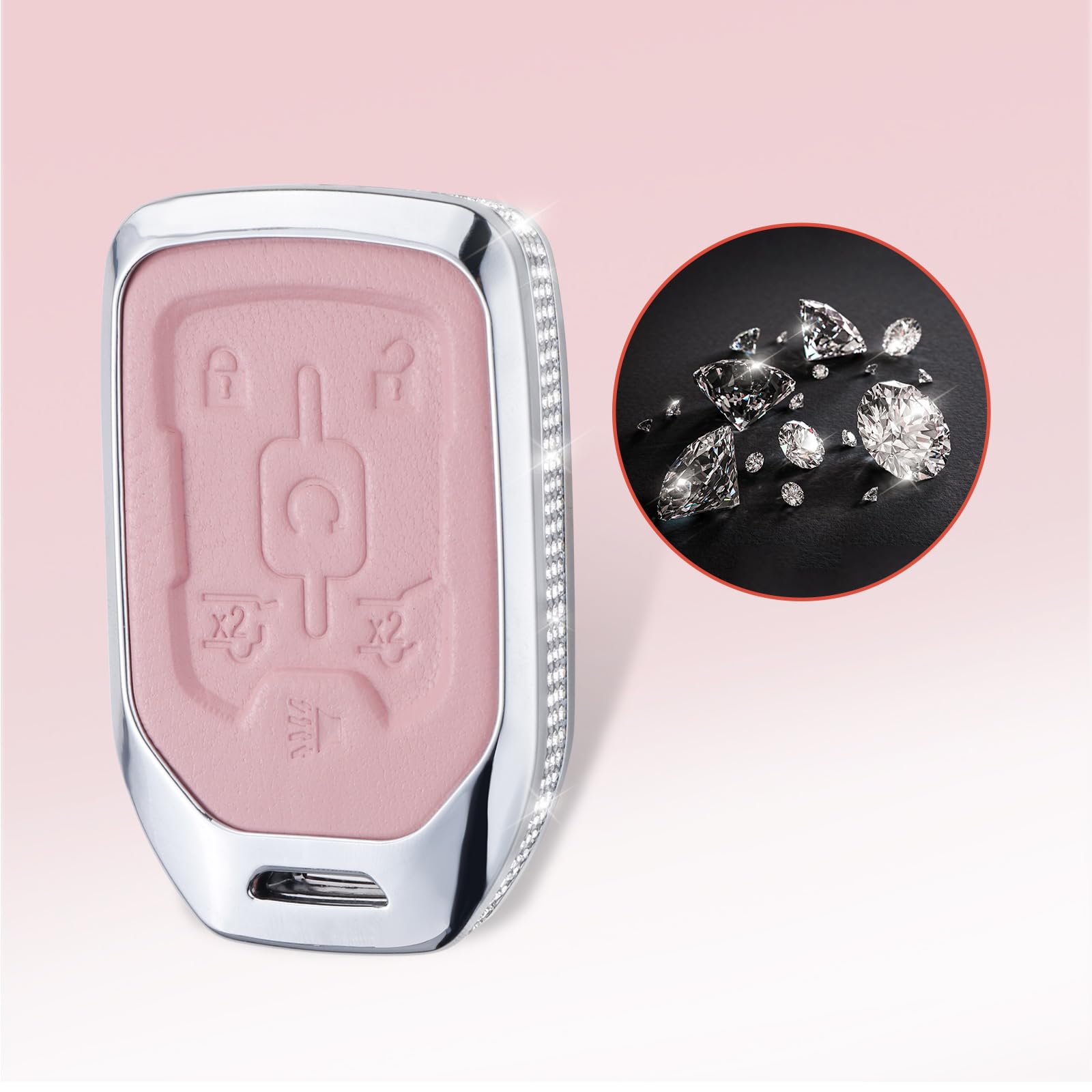 Ruabiban For Gmc Key Fob Cover With Keychain, Pink Leather Crystal Key Case Protection Shell Compatible With Chevy Chevrolet Gmc