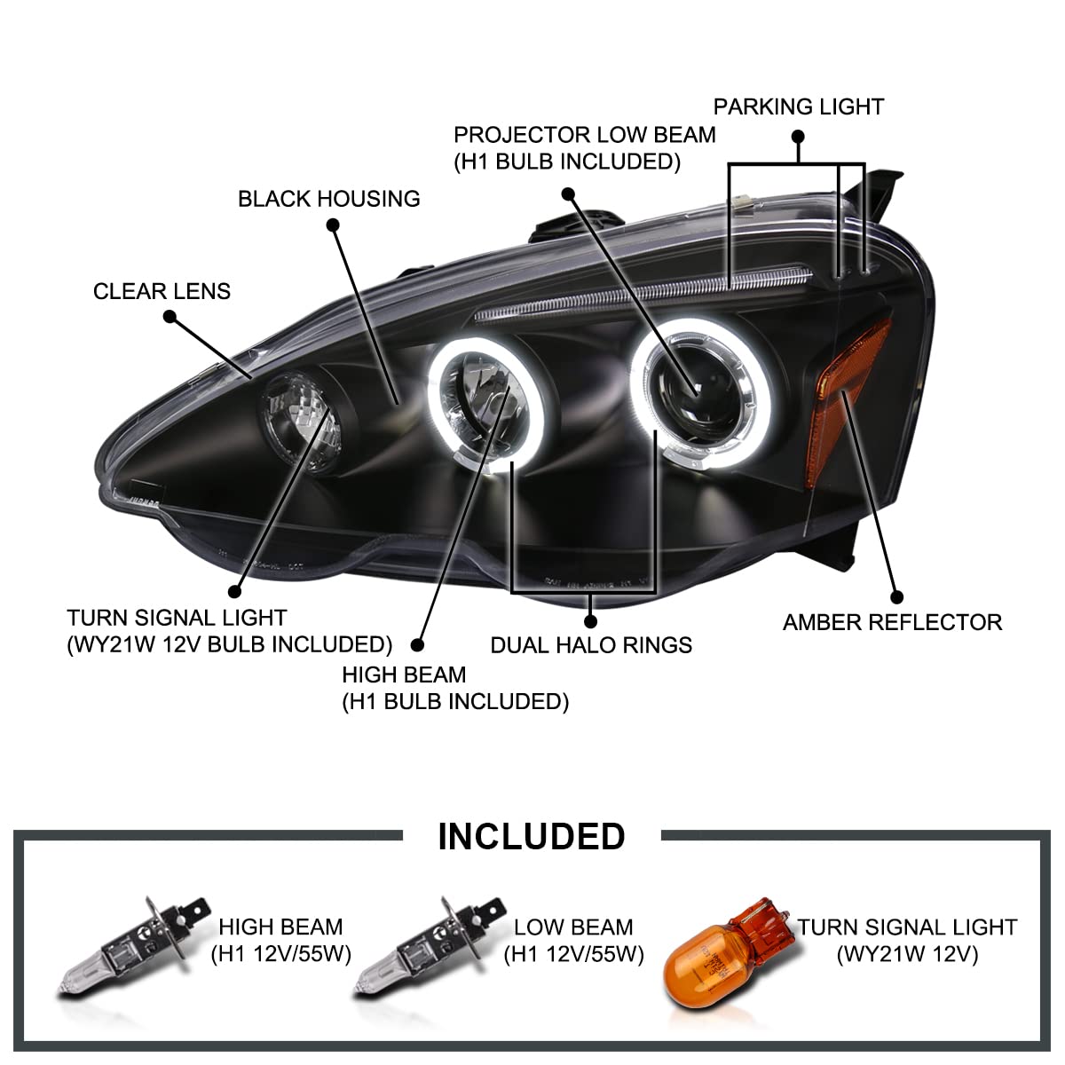 Spec-D Tuning Jdm Black Projector Headlights Compatible With 2002-2004 Acura Rsx, Left + Right Pair Headlamps Assembly
