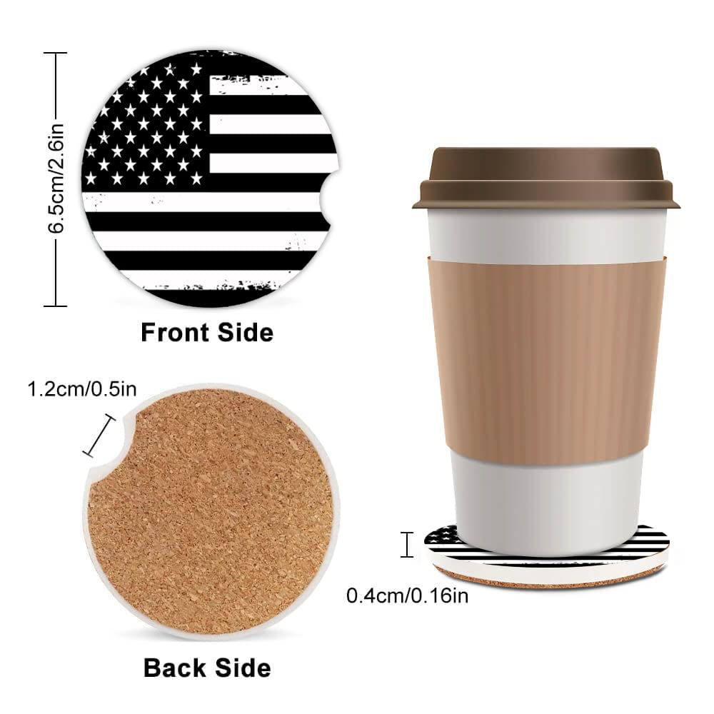 Sxboxing Absorbent Car Cupholder Coaster 2 Pack,Ceramic Stone With A Finger Notch For Women & Lady,Cork Base Drink Coasters 2.56 Inch,Cute Auto Accessories Gifts - American Flag Usa Black White