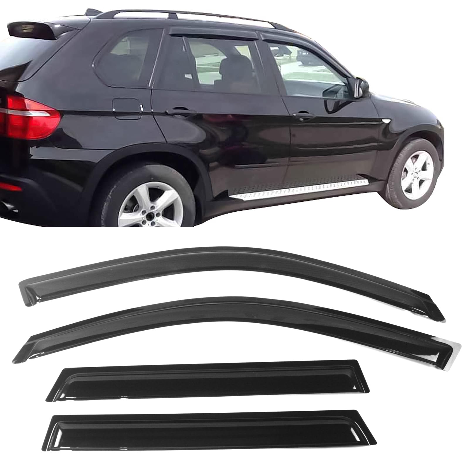 Ikon Motorsports Tape On External Window Visor, Compatible With 2000-2006 Bmw X5, Slim Style Acrylic Black Sun Rain Guards Cover