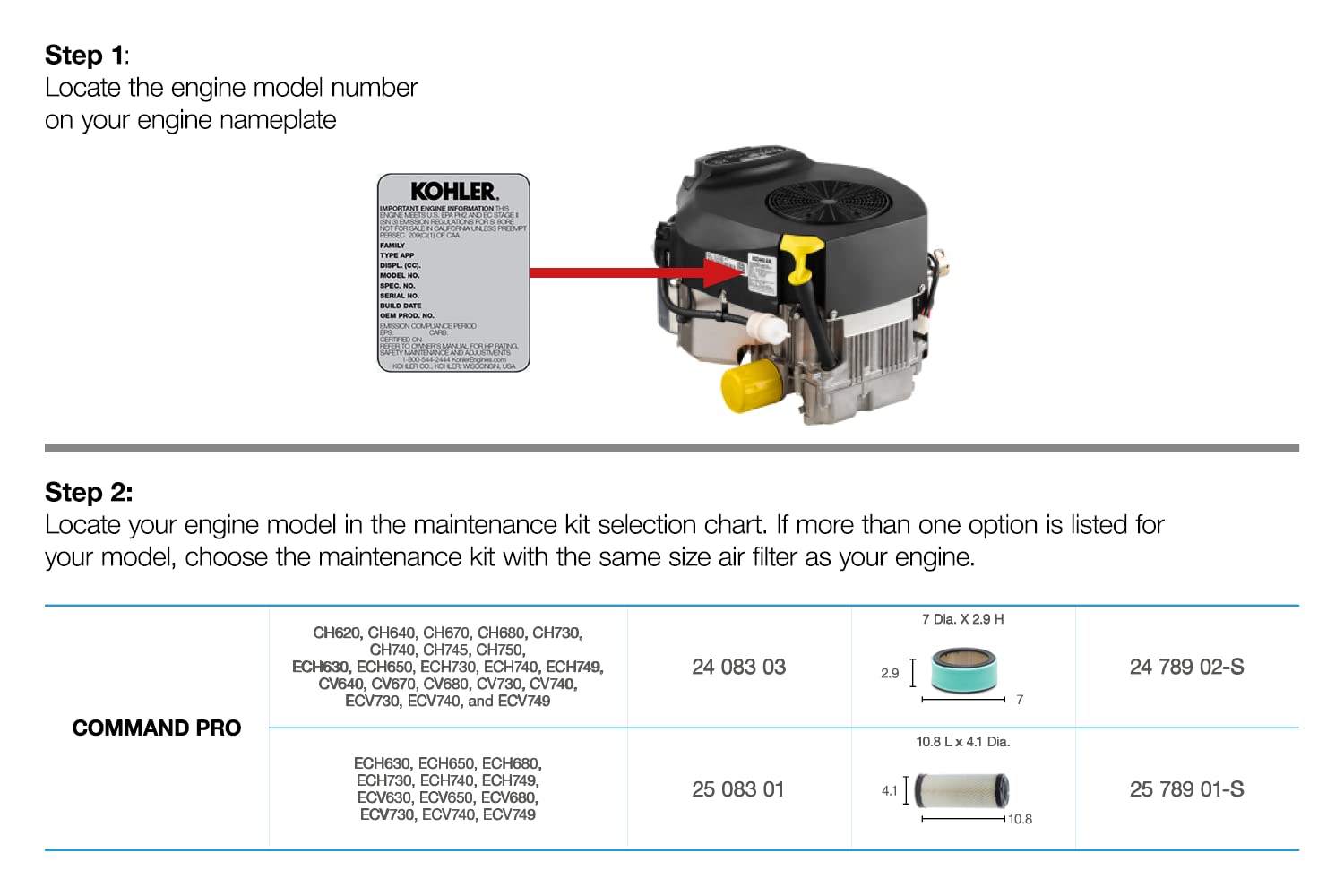 Kohler Genuine Maintenance Kit 25 789 01-S for Command Twin PRO Heavy Duty CV/CH18-25 CV/CH680-CV752 ECV/ECH650-ECV749 18-27HP