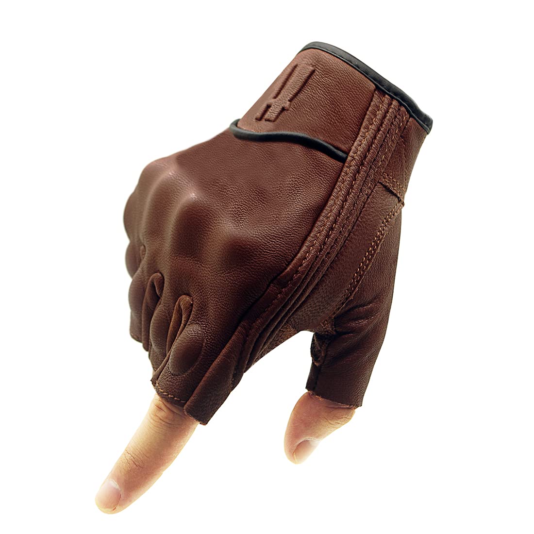 Harssidanzar Half Finger Motorcycle Gloves,For Mens Leather Riding Driving Gloves With Hand Knuckle Gm037,Saddle,Size,S