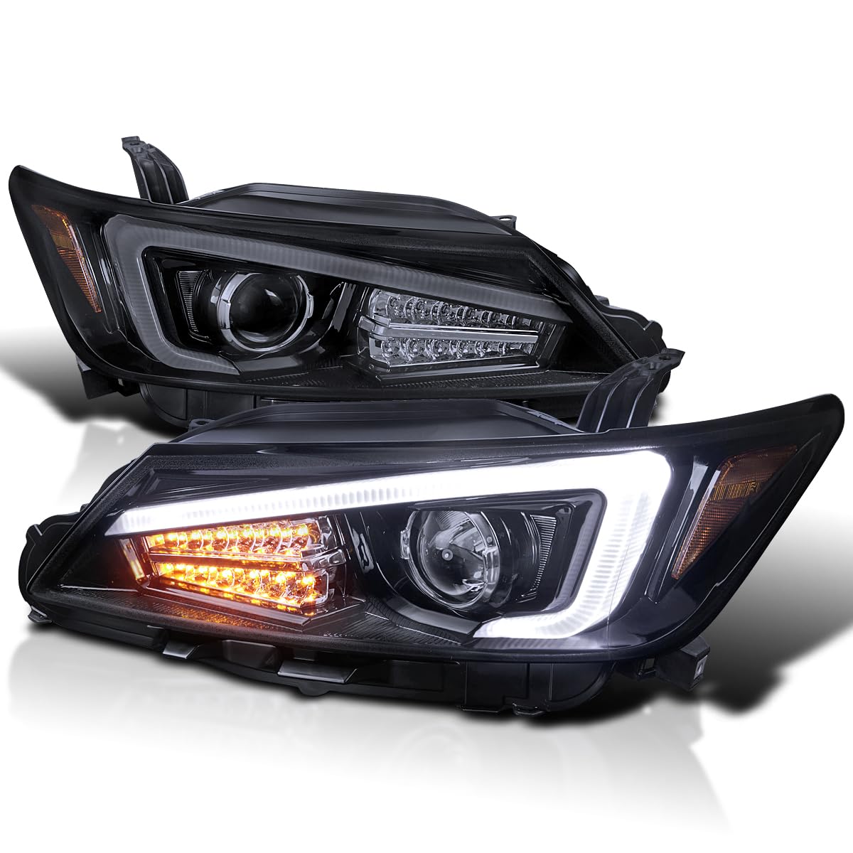 Spec-D Tuning Black Housing Smoke Lens Projector Headlights w/LED Signal & LED Strip Compatible with 2011-2013 Scion tC Left + R