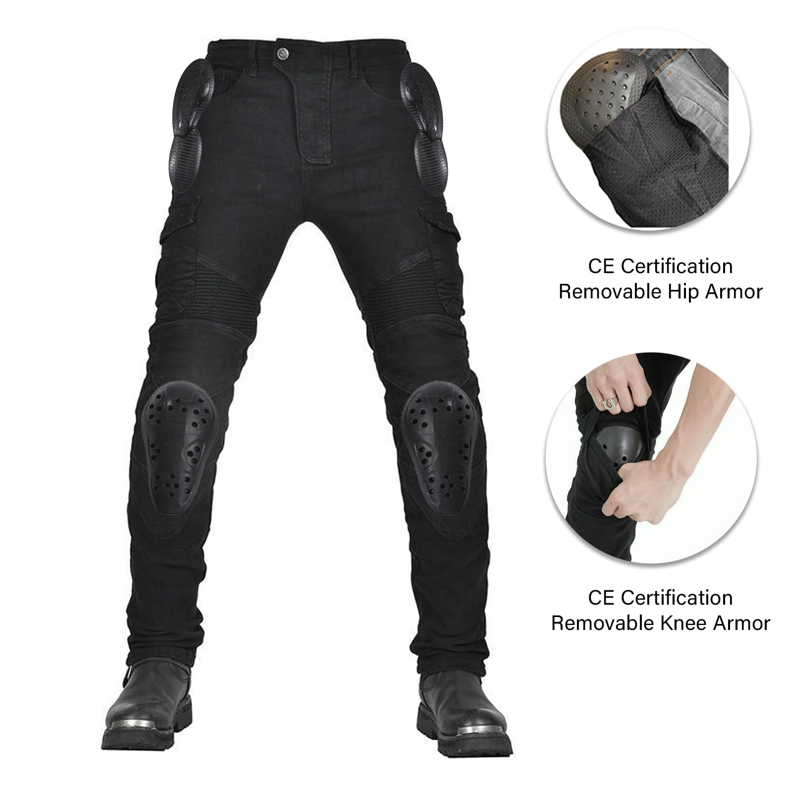 LOMENG mens Motorcycle Pants Motorbike Riding Denim Jeans Biker Motocross CE Removable Armored, Black1, 28 Regular