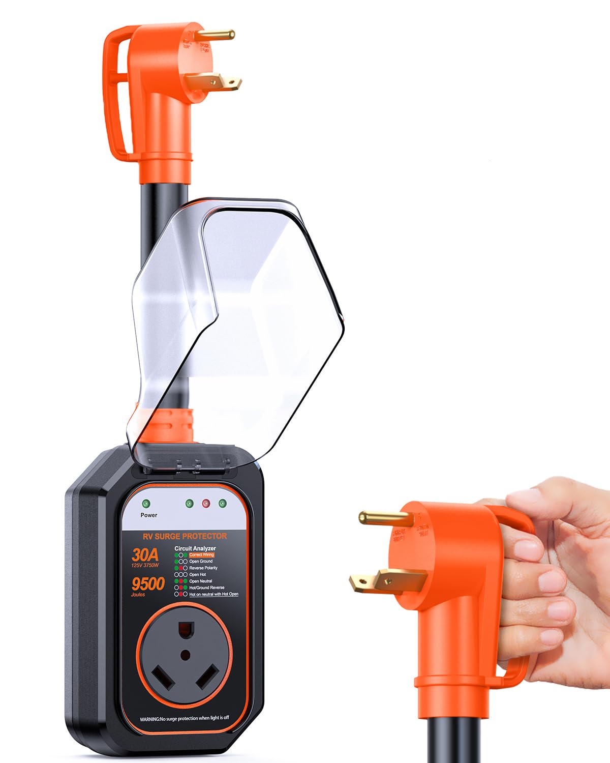 Geargo Rv Surge Protector 30 Amp, 9500 Joules Rv Circuit Analyzer, Ip68 Surge Voltage Protection, Rv Adapter Plug For Camper (Orange)