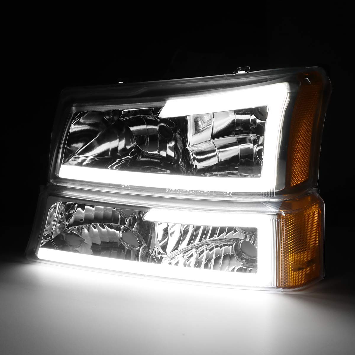 Dna Motoring Hl-Lb-Csil03-Ch-Am Chrome Amber 3D Led Drl Headlight Bumper Lamp Set Compatible With 03-06 Silverado 1500-3500 / Av