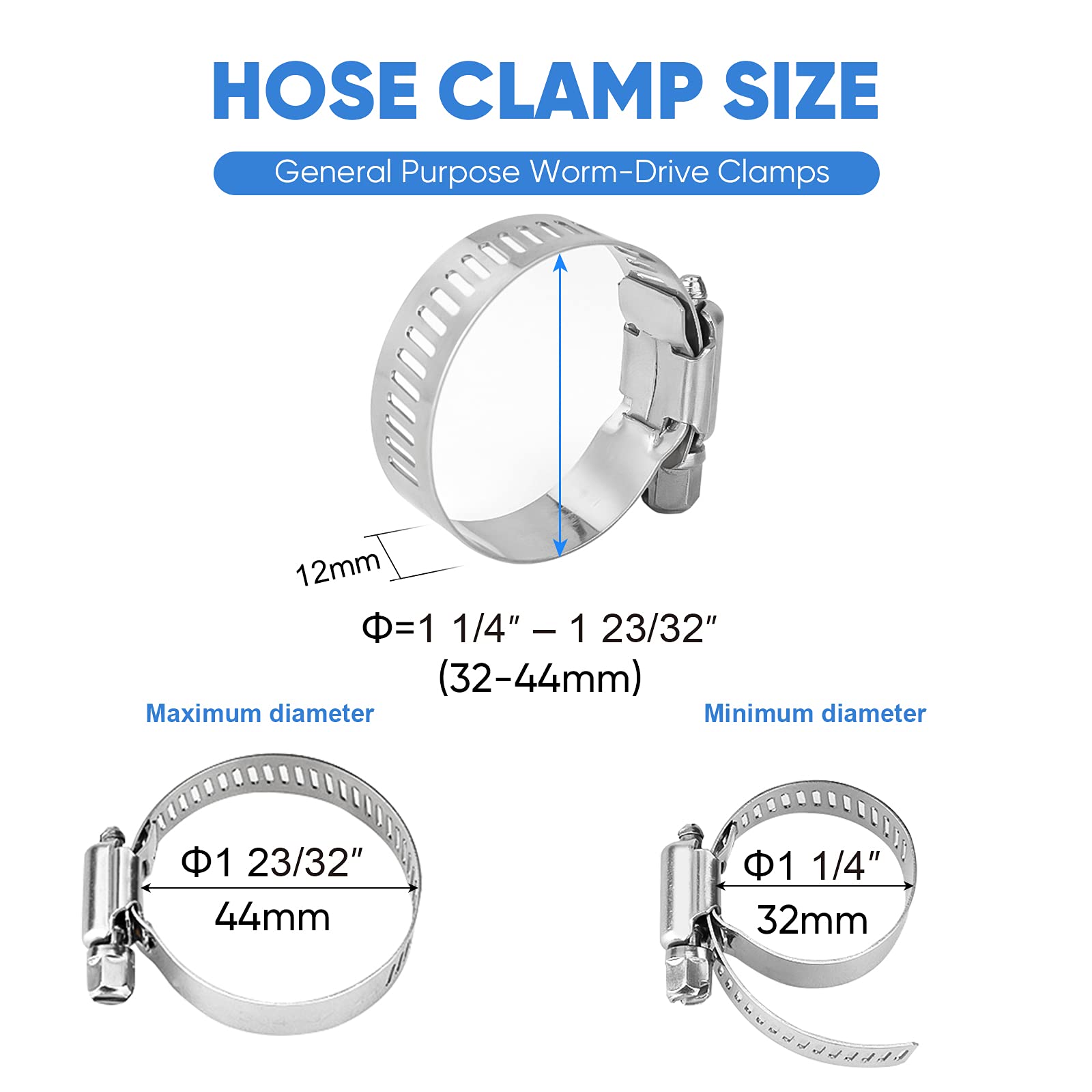 Ticonn 20Pcs Hose Clamp Set - 1-1/4 ' ' - 1-23/32 ' ' 304 Stainless Steel Worm Gear Hose Clamps For Pipe, Intercooler, Plumbing,