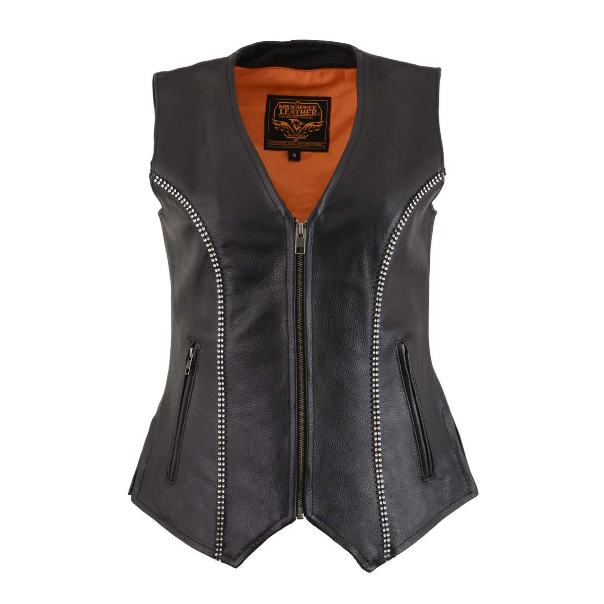 Milwaukee Leather MLL4502 Women's Black Leather Classic V-Neck Motorcycle Rider Vest with Rhinestone Bling Detail - Medium