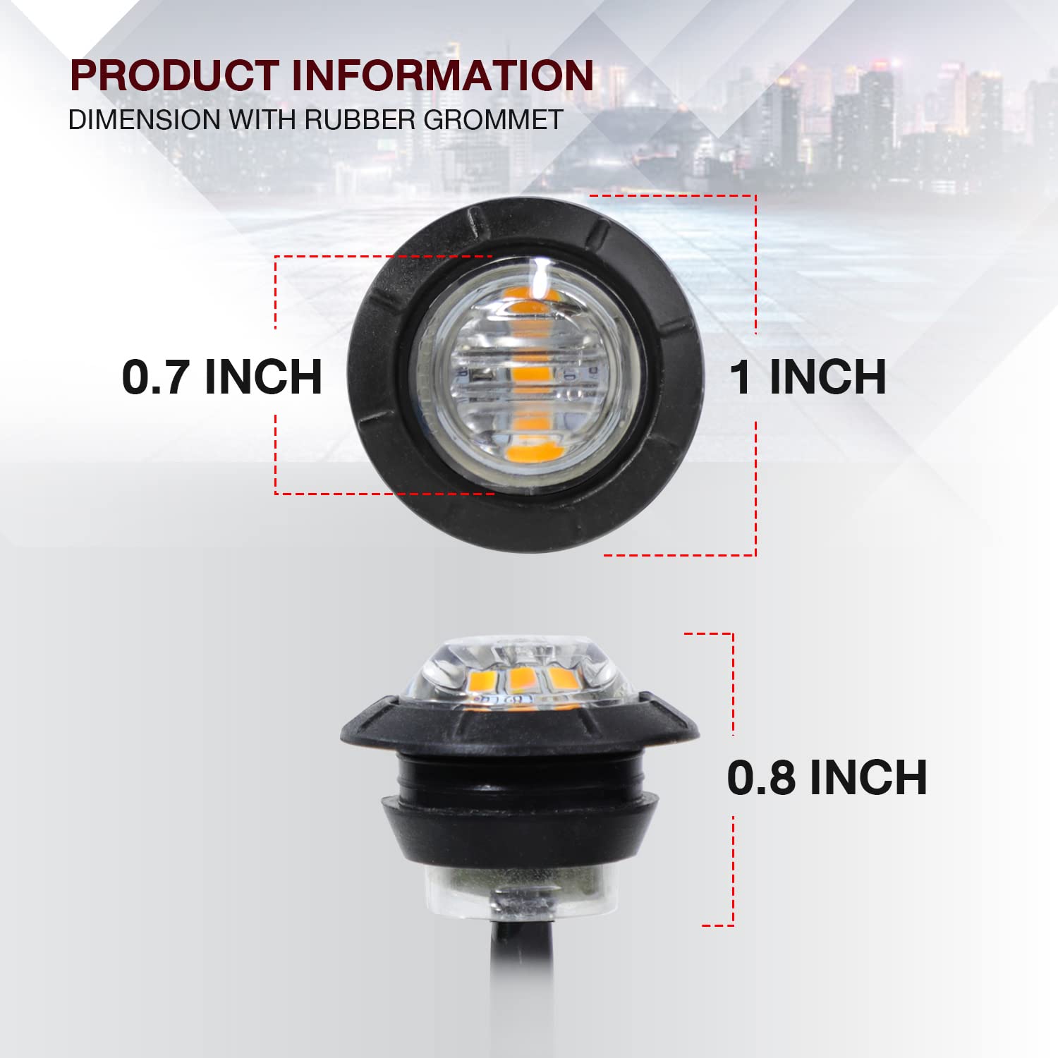 Tmh 3/4 Inch Clear Lens Amber 3 Led Clearance Side Marker Indicator Lights Round Mini Lamp With Rubber 12V Dc For Truck Lorry To
