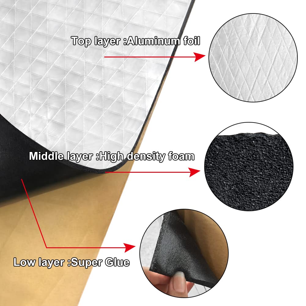 Gosche 197Mil 16 Sqft Sound Deadening Mat, 5Mm Sound Deadening Heat Shield Insulation Mat With Self-Adhesive Pe Foam Dampening Material For Car Hood Trim Roof Door 9.8'X 15.7'(15-Piece)