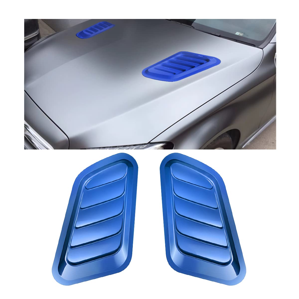 Blilo Car Hood Vents, 2Pcs Universal Hood Air Vents For Car Hood Scoop, Bonnet Vent Hood Air Intake Trim Cover (Blue)