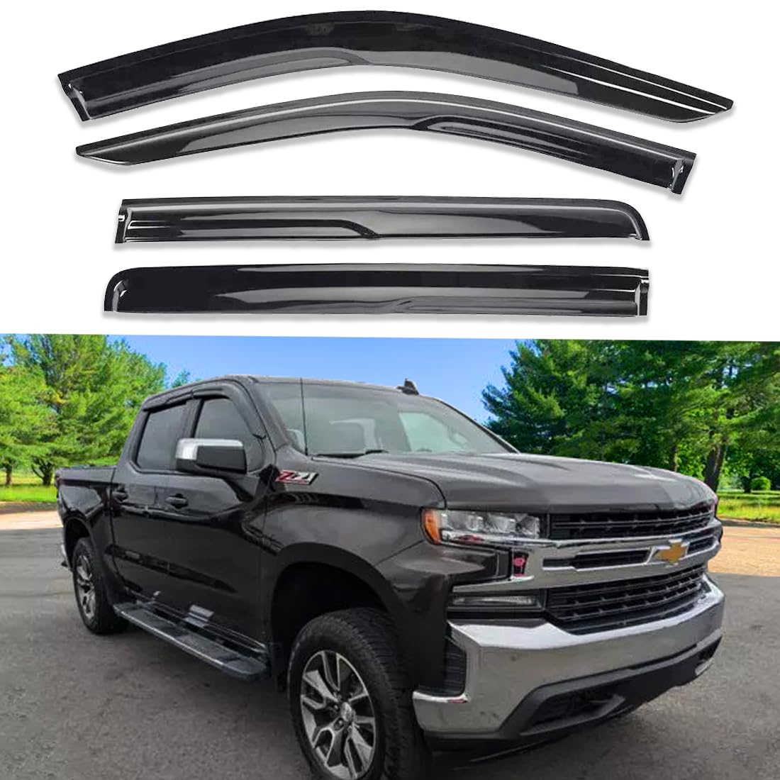 Side Window Visors Wind Deflectors Compatible With Chevrolet Silverado 1500 Crew Cab & For Gmc Sierra 1500 Crew Cab, Rain Guards