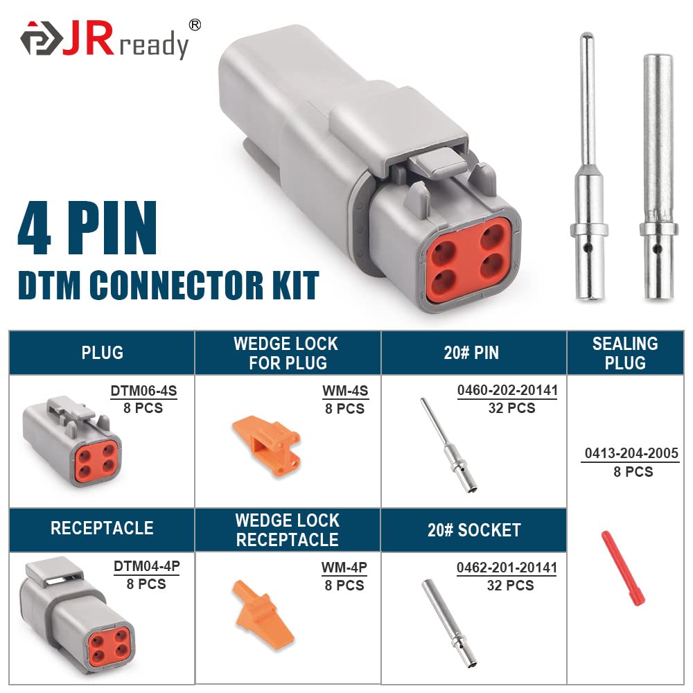 JRready Deutsch DTM Connector 4 Pin 8 Kits, ST6330-401 DTM Connector Kit with Size 20 Solid Contacts 20-22AWG, Waterproof Automo