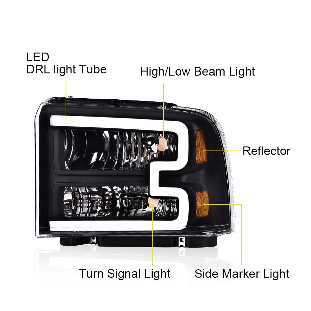 Cheda Led Drl Headlight Compatible With Ford F250 F350 F450 F550 Super Duty 2005-2007/Compatible With Excursion 2005 Clear Lens