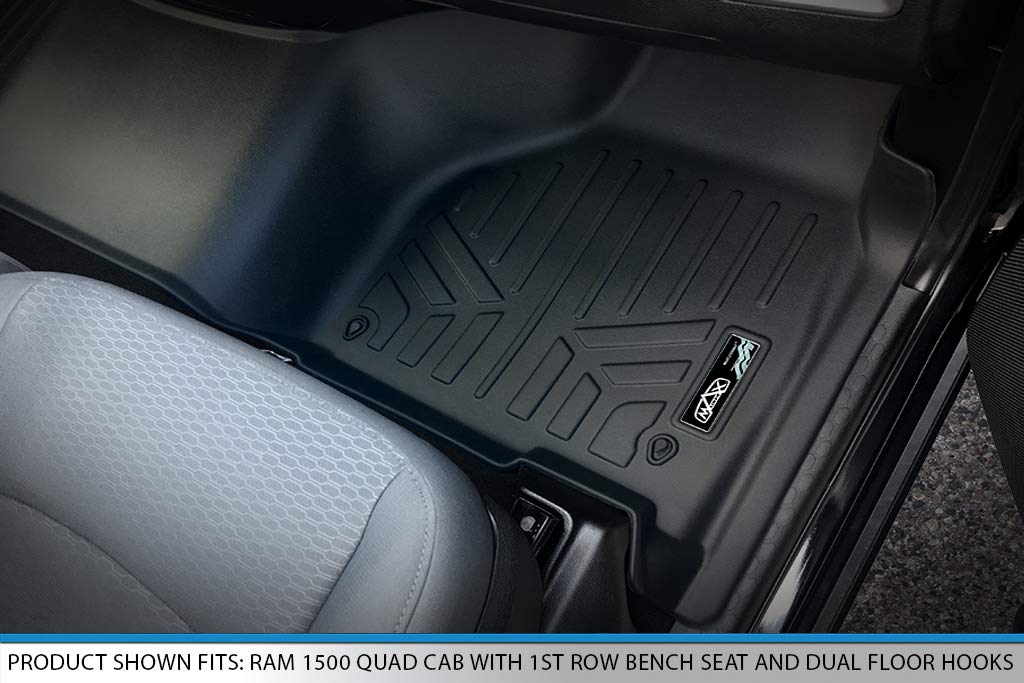 Maxliner Floor Mats 2 Row Liner Set Black For 2012-2018 Ram 1500 Quad Cab With 1St Row Bench Seat And Front Dual Floor Hooks