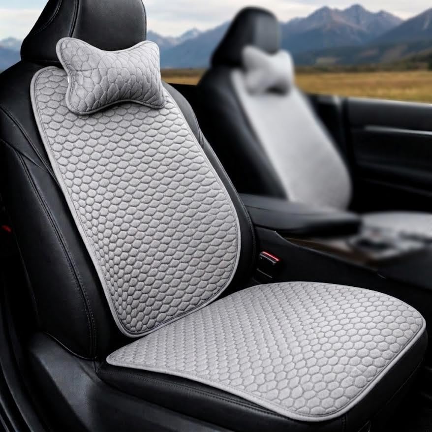 Hukimoyo 3in1 Car Seat Cover Protector Mat with Neck Pillow, Breathable Cotton Linen AntiSlip Driver Seat Protector, Universa