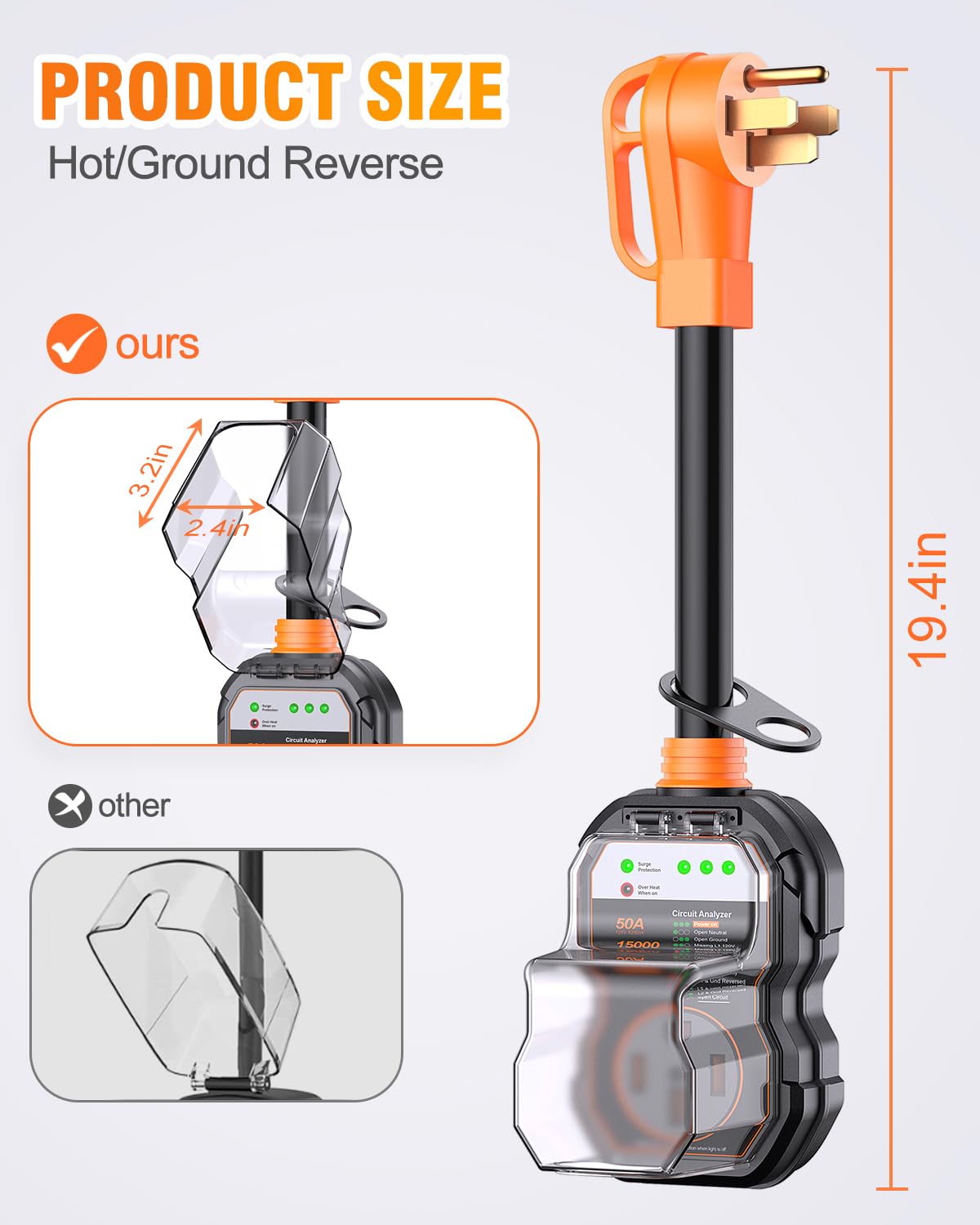 GEARGO 50 Amp RV Surge Protector, 15000 Joules, IP68 Voltage Protection, Orange Adapter Plug for Campers