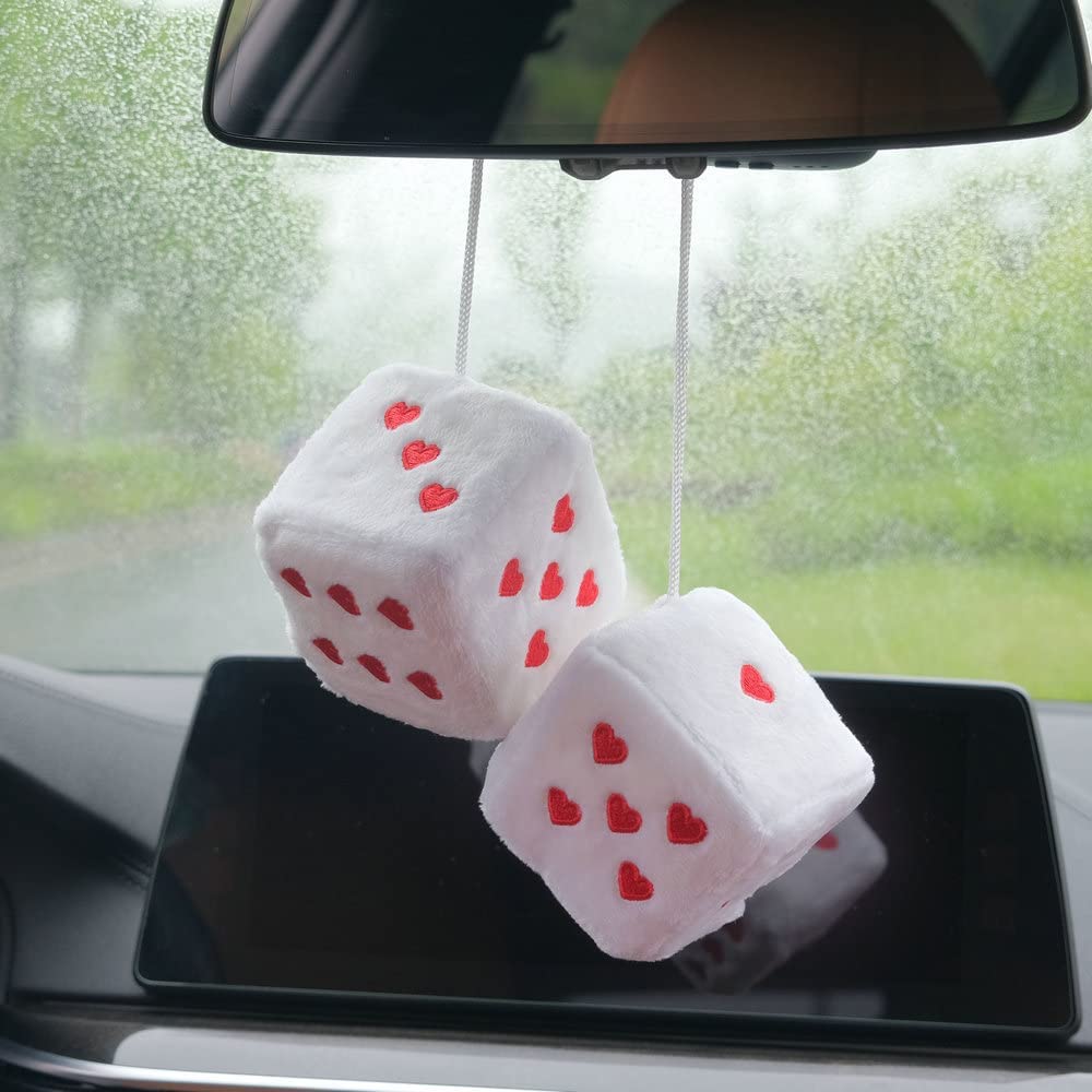 Pair 3    Fuzzy Plush Dice Heart Shape Decor For Car Rearview Mirror, Retro Square Decoration Dice For Car Hanging Accessories (