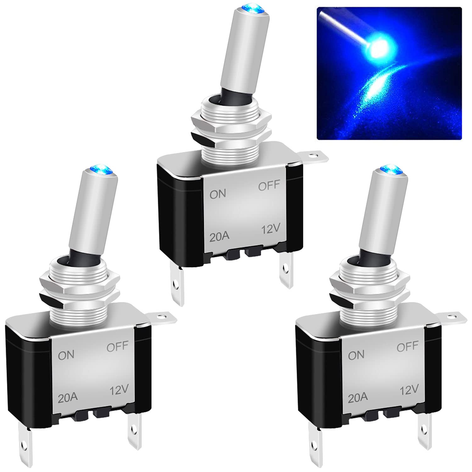 Twidec/3Pcs Rocker Lighted Toggle Switch 12V 20A Heavy Duty Racing Car Automotive Auto Spst On/Off Toggle Switch Blue Led Illuminated 3Pin Asw-07Dbu