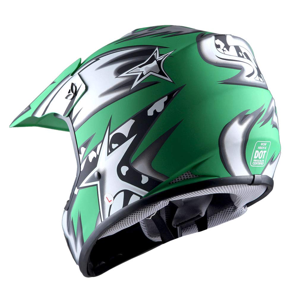 1Storm Youth Motocross Helmet BMX MX ATV Dirt Bike Helmet Matt Star Green + Goggles + MG Youth Green Glove Bundle