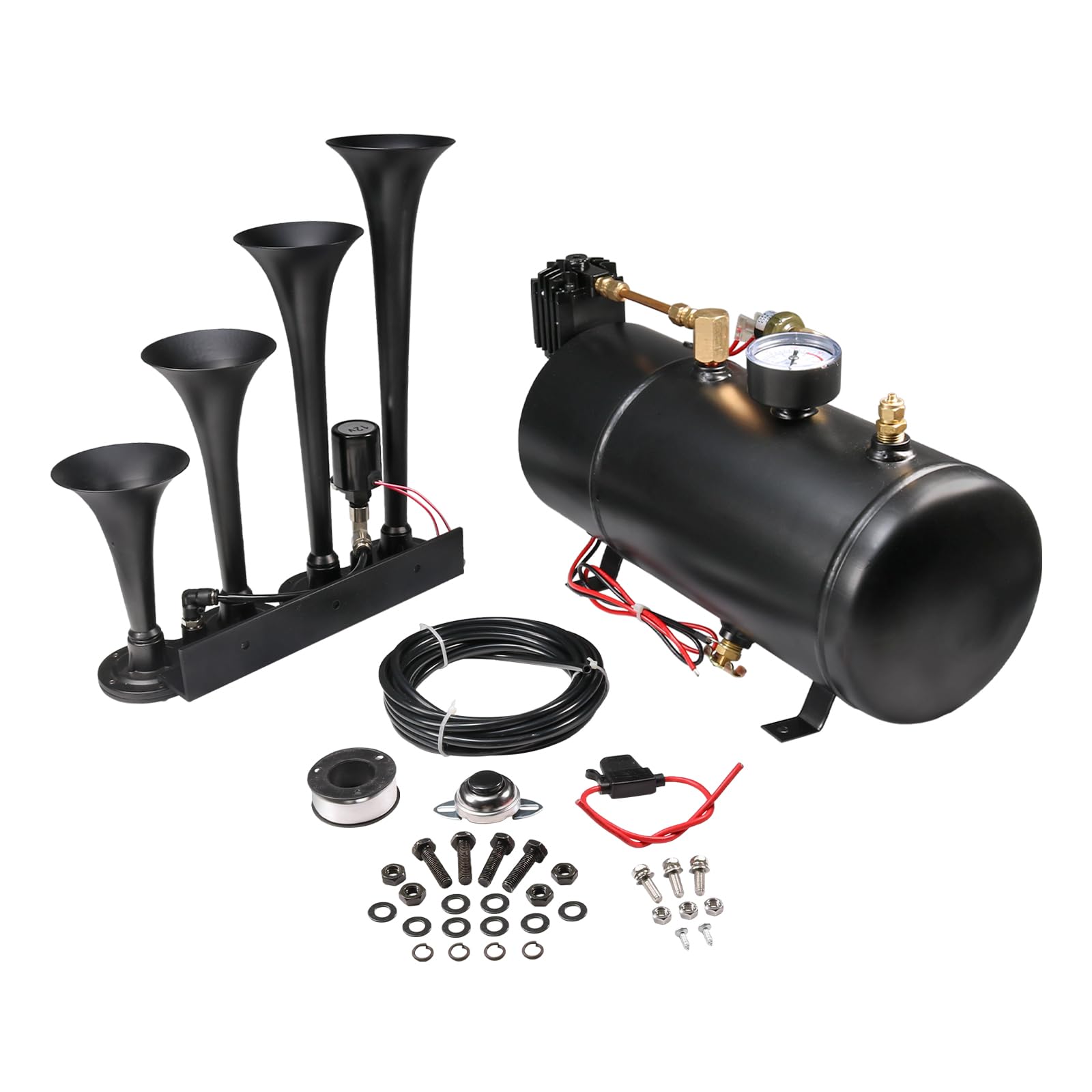 4 Trumpet Train Horn Kit for Car Truck Pickup Semi Jeep RV SUV 12v Complete Onboard System 150psi Air Compressor 1 Gallon Air Ta