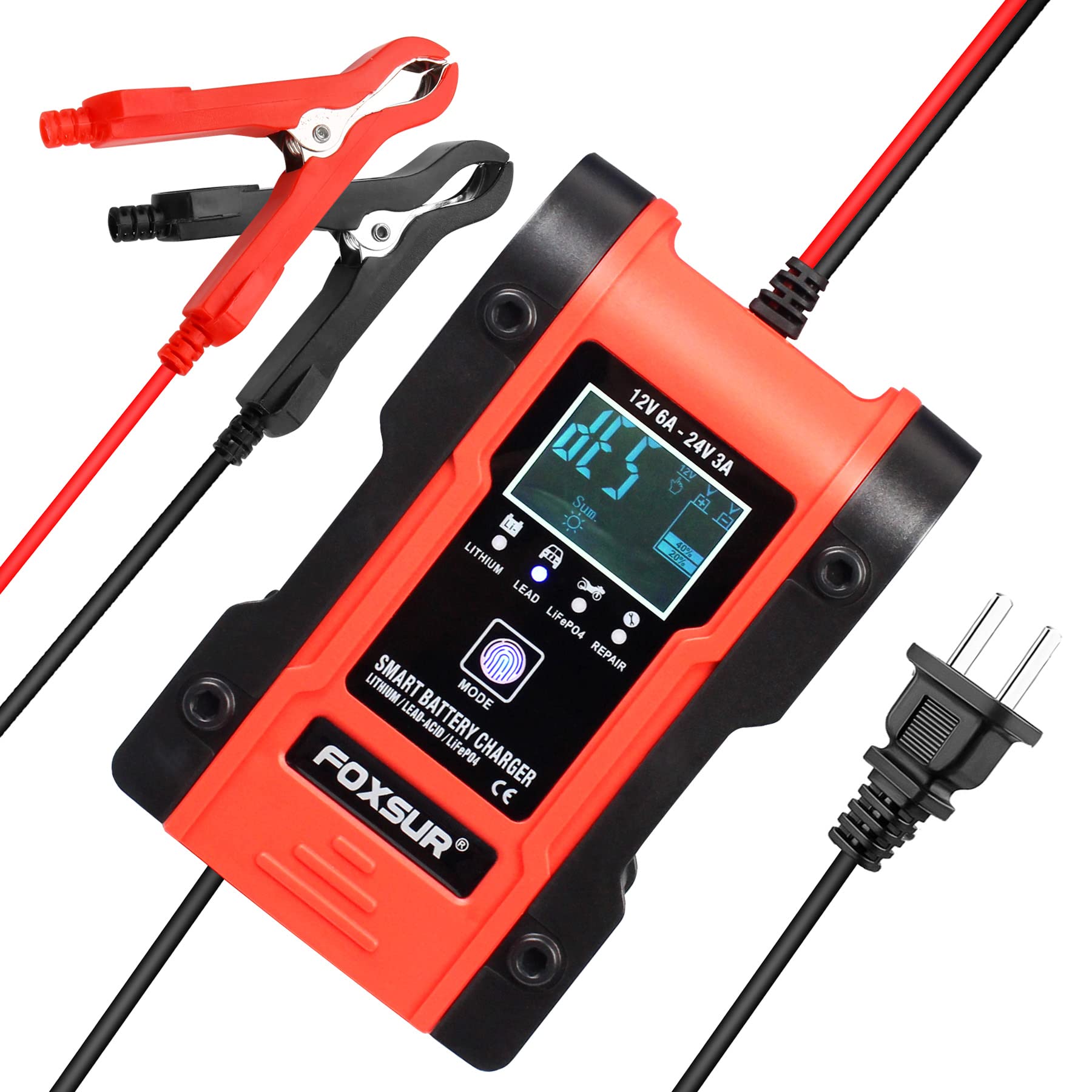 Ieik Automotive Battery Charger 12V 6A - 24V 3A Multi-Function Smart Charger Maintainer For Car, Truck, Motorcycle, Lawn Mower, Boat, Atv, Lithium, Lifepo4, Lead-Acid, Deep Cycle Battery Charger