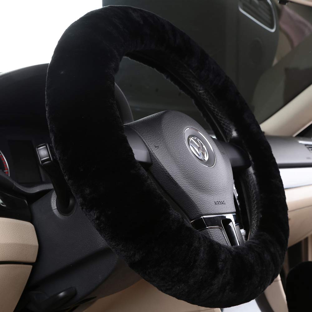 Ogland Soft Fluffy Plush Sheepskin Car Steering Wheel Cover For Universal Auto Vehicle Women Man 14 1/2 Inch-15 1/2Inch Fuzzy Ac