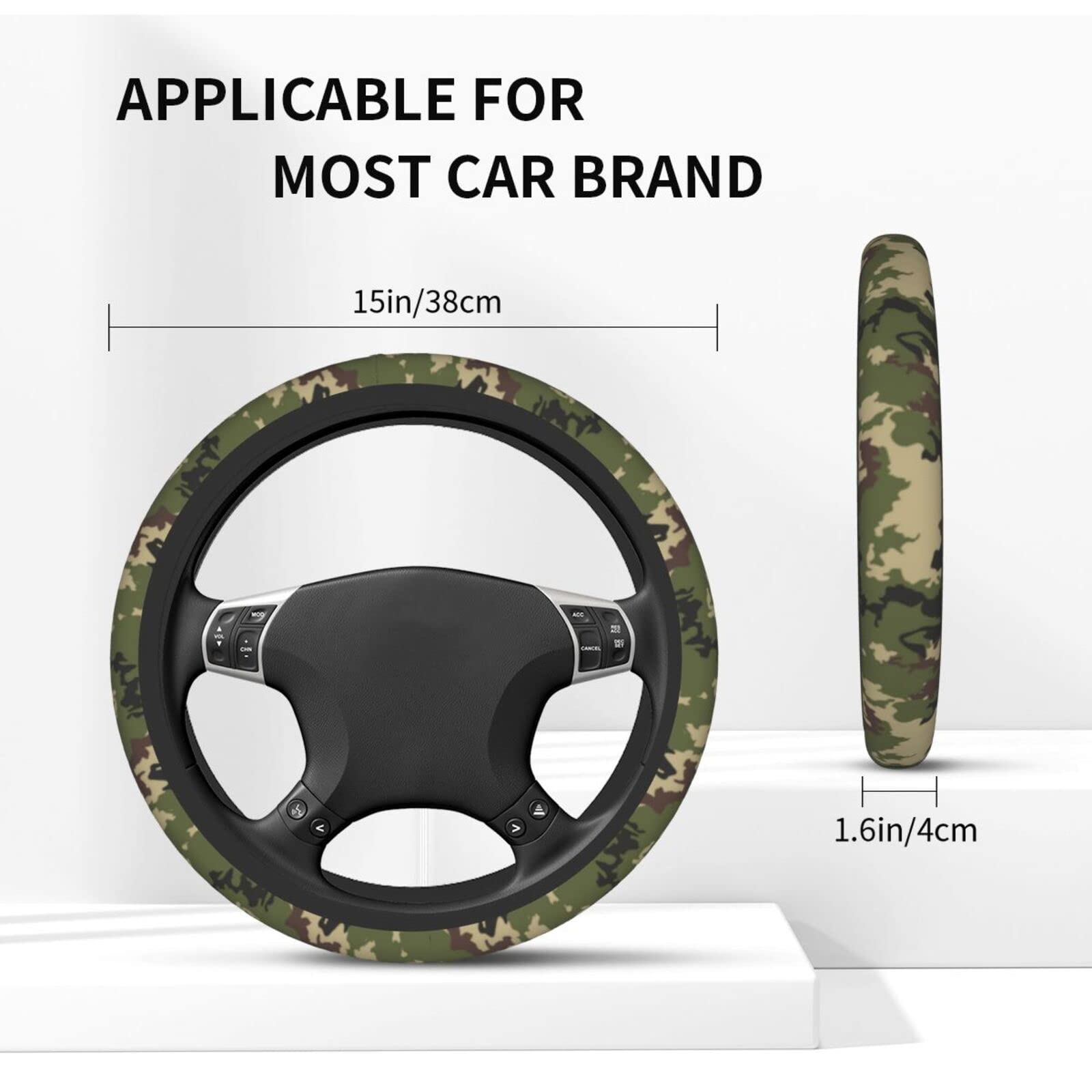 Green Camo Camouflage Steering Wheel Cover for Women Men with 2 Pcs Car Coasters, Universal 14.5-15 Inch Rainbow Steering Wheel