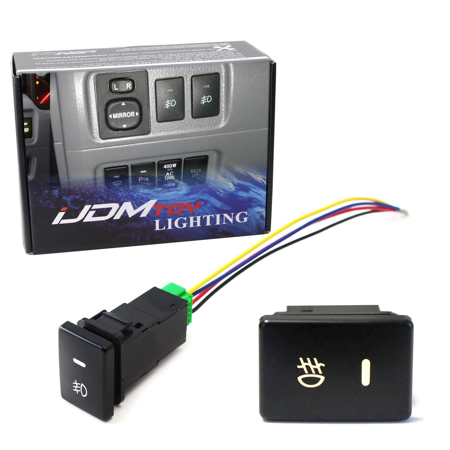 Ijdmtoy Factory Style 4-Pole 12V Push Button Switch W/Led Background Indicator Lights Compatible With Fog Lights, Drl, Led Light Bar, Etc (200 Series Toyota, 33X22Mm)