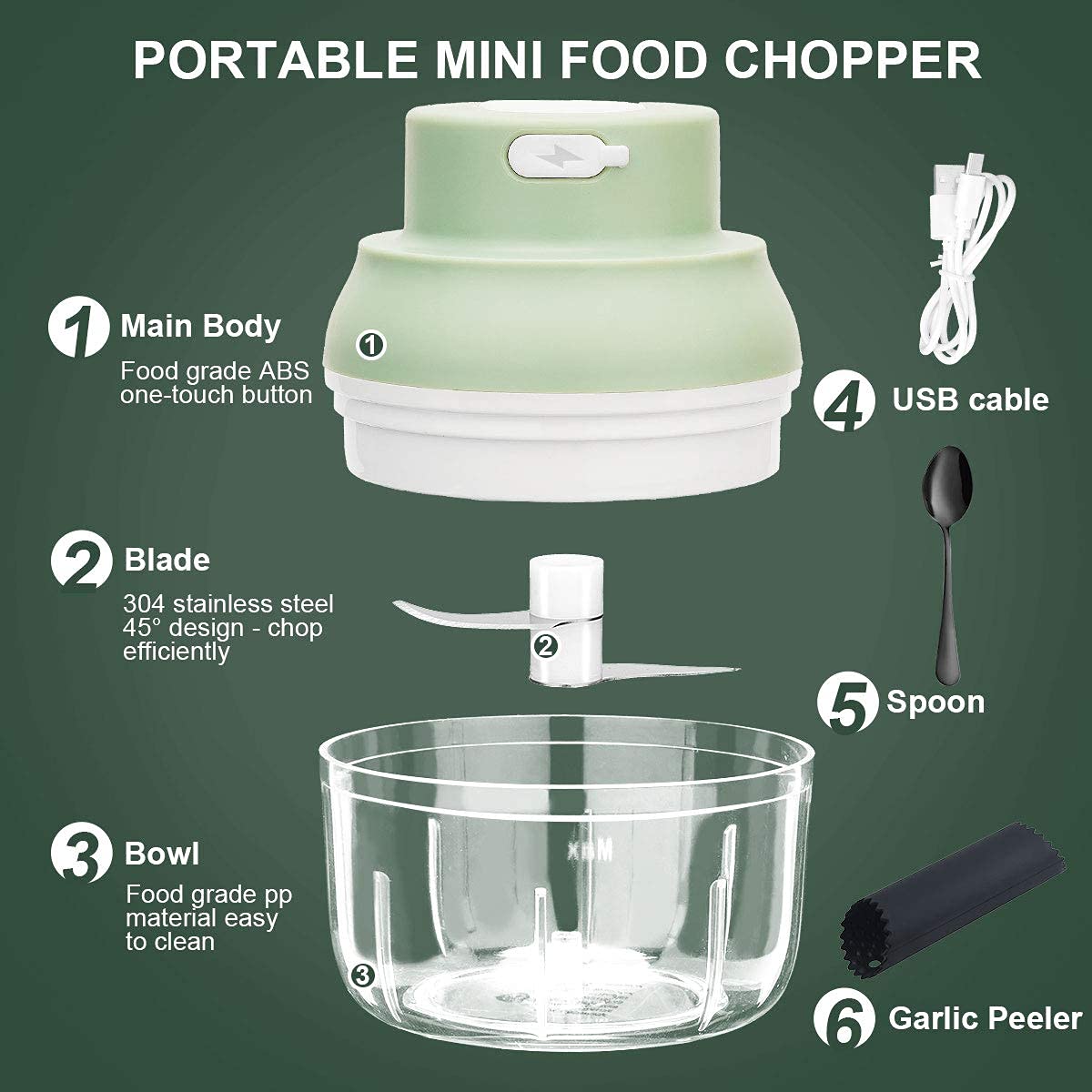 Electric Garlic Chopper Mini, Garlic Masher Crusher, Food Processor Small With Garlic Peeler And Spoon (100Ml33Fl Oz, Green)
