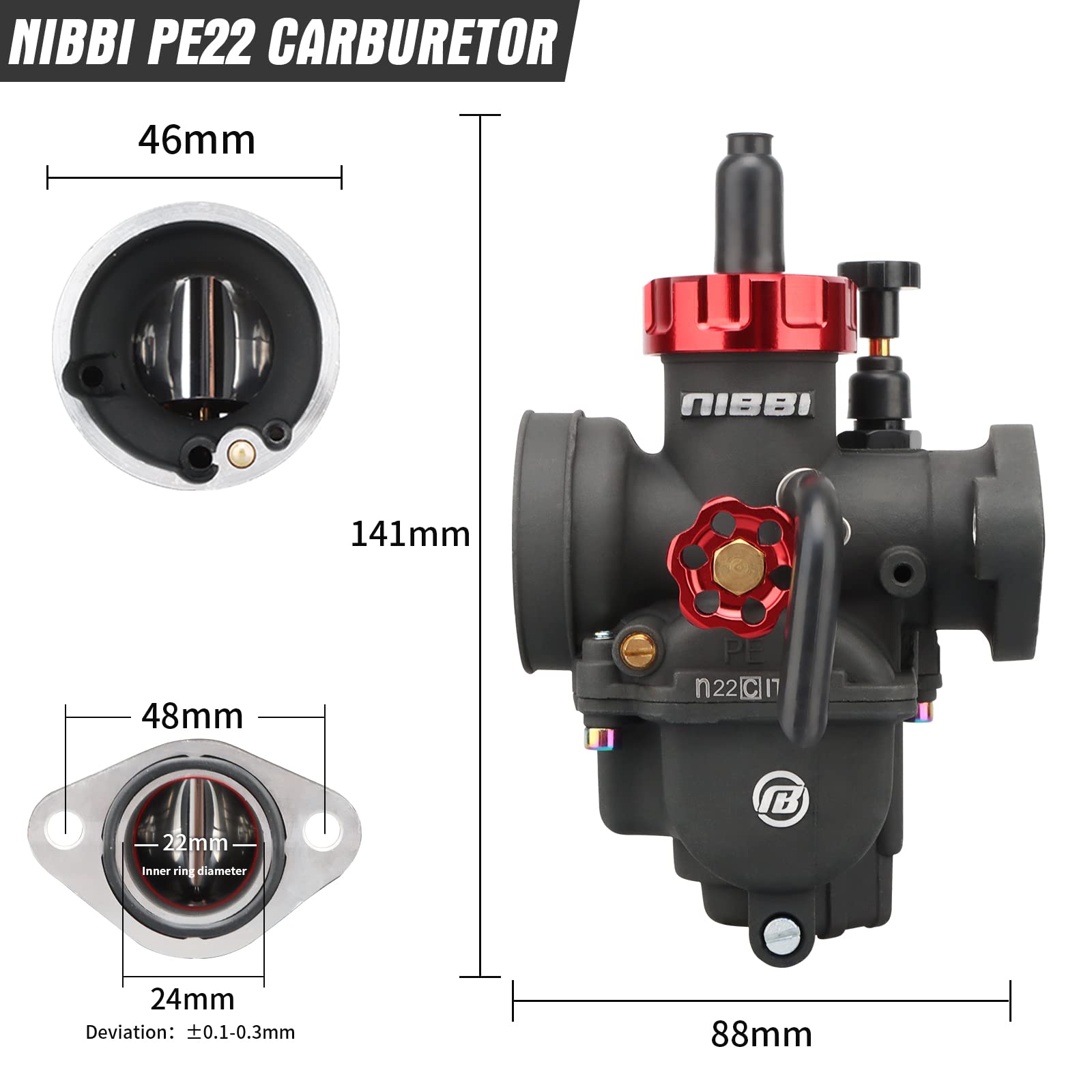 Nibbi Pe22Fl Carburetor, 22Mm Carburetor Fit 110Cc 125Cc 130Cc Flange Motorcycle Engine With Carb Jets - For Dirt Pit Bike Mini