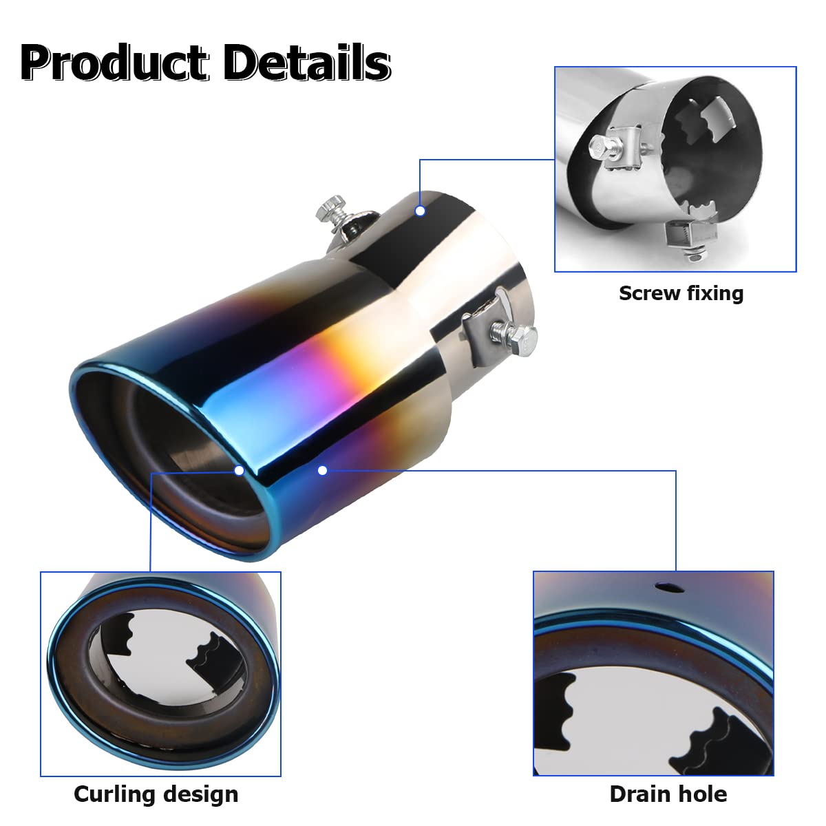 Stainless Steel Car Exhaust Tip, 2.5 To 3.3 Universal Car Exhaust Pipe Modification Tail Throat Tail Pipe, Steel Exhaust Tips Chrome-Plated Finish Tailpipe (Blue/B Style)