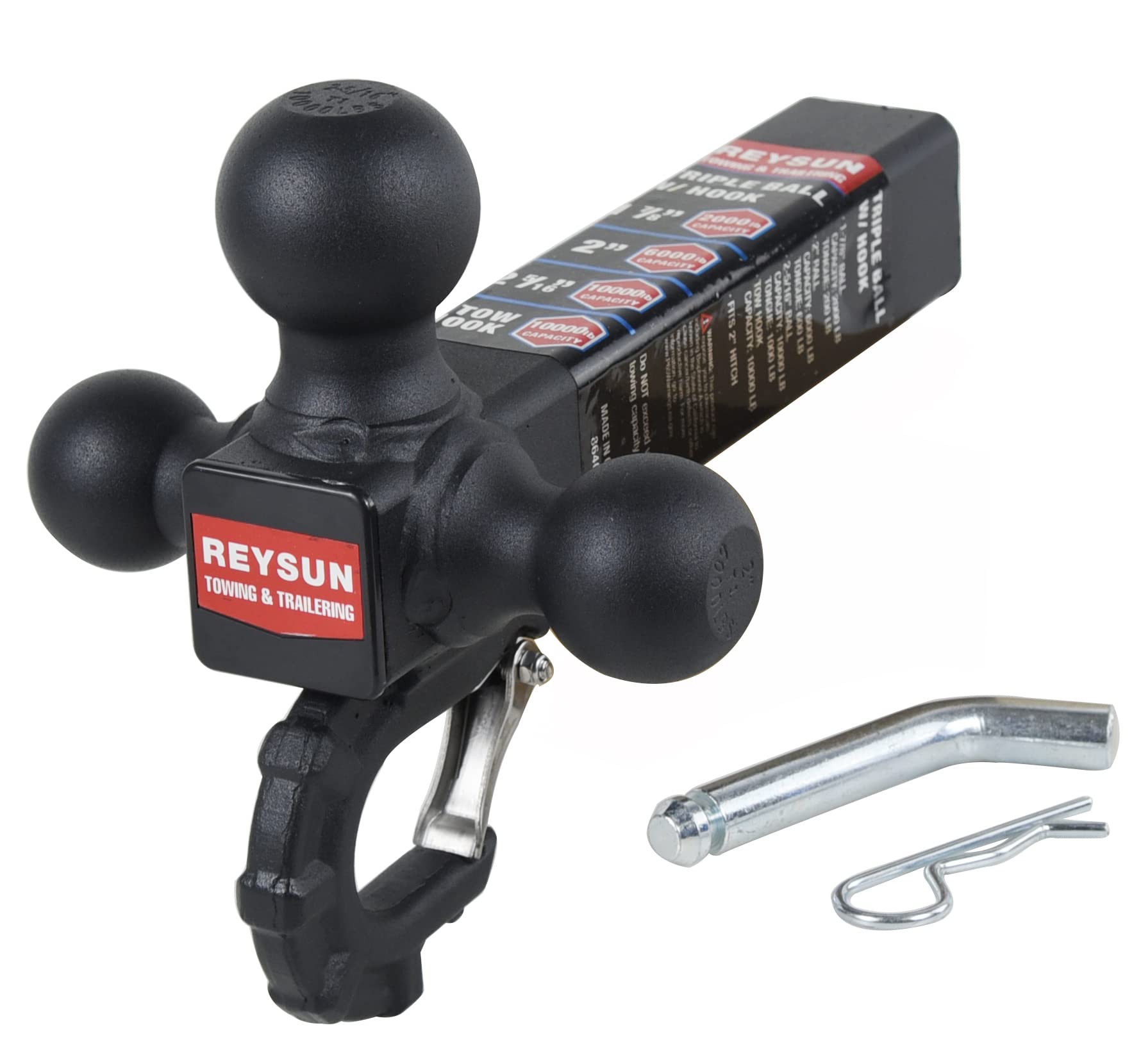 Reysun Trailer Hitch Tri Ball Mount With Hook, Tactical Tow Hook, Fits 2 Inch Hitch Receiver, Secure With Self-Lock Latch, Matt