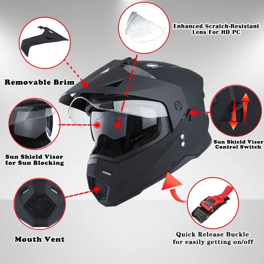 1Storm Dual Sport Motorcycle Helmet HF802, XL, Dual Matt Black, Full Face, Plastic, Off Road, Dual Visor