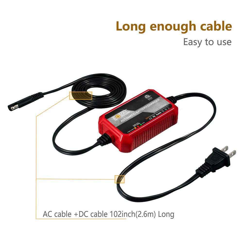 [2-Pack] Foval 1000Ma Battery Charger, 12V Automatic Smart Charger Battery Maintainer Trickle Charger For Motorcycle, Atvs, Rvs,