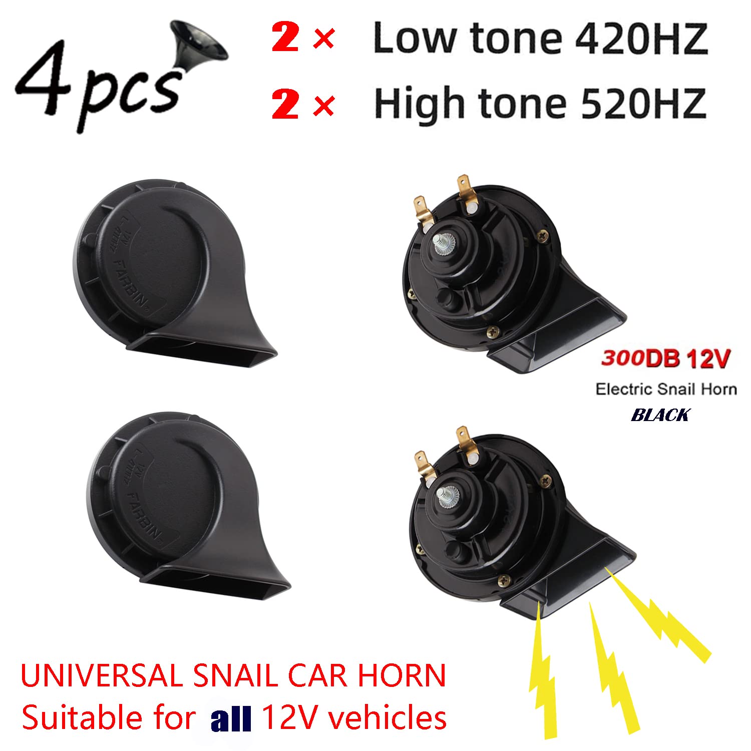 Banhao Car Horn 4 Pack 12V Waterproof Auto Horn Used For Trucks Trains, Universal Electric Snail Horns Kit For Cars, Motorcycles