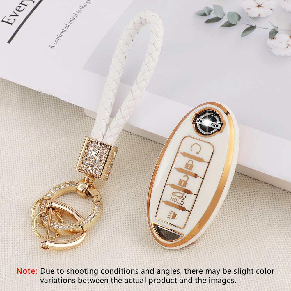 Pifoog Accessories For Nissan Key Cover Tpu Car Keys Shell Chain Waterproof Fit Nissan Altima Sentra Rogue Pathfinder Murano Armada Maxima Versa Remote Key White Girly