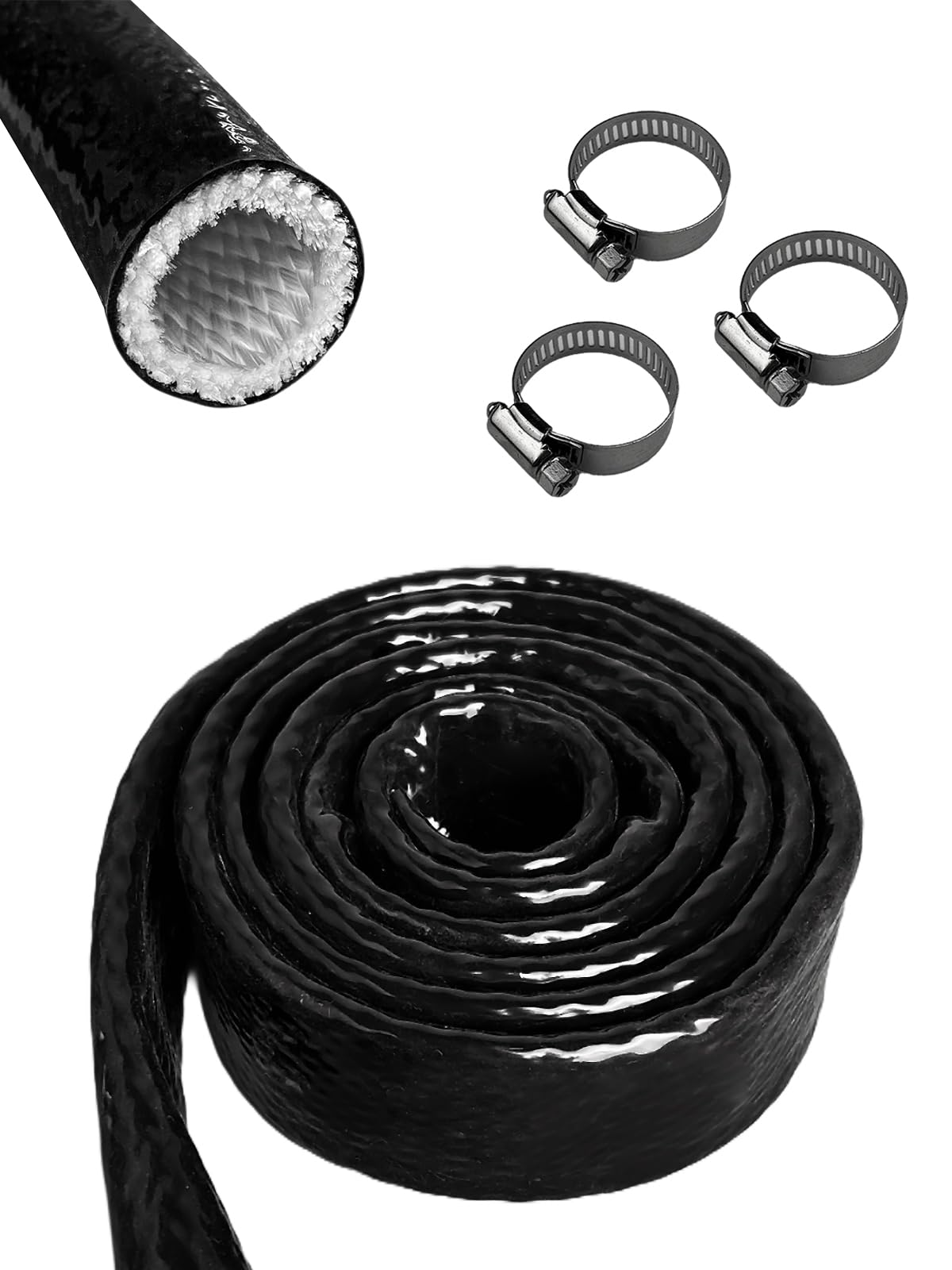 Yamakato 3/8'' Id Heat Shielded Fire Thermo Armor Fire Sleeve Silicone Coated Fiberglass Heat Protection W/ 3 Clamps For Automot