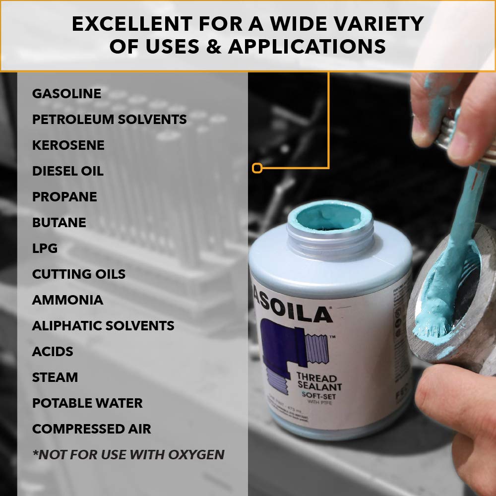 Gasoila Soft-Set PTFE Pipe Thread Sealant, 1/4 Pint with Brush Cap, Non-Hardening, Drip-Resistant, Temp Range -100 to 600°F