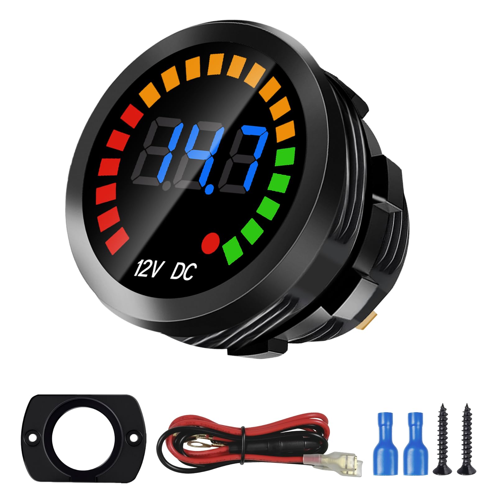 DC 12V Voltage Meter, Waterproof LED Display Voltmeter Gauge Panel, Round Battery Monitor with Mounting Plate & Wires & Terminal