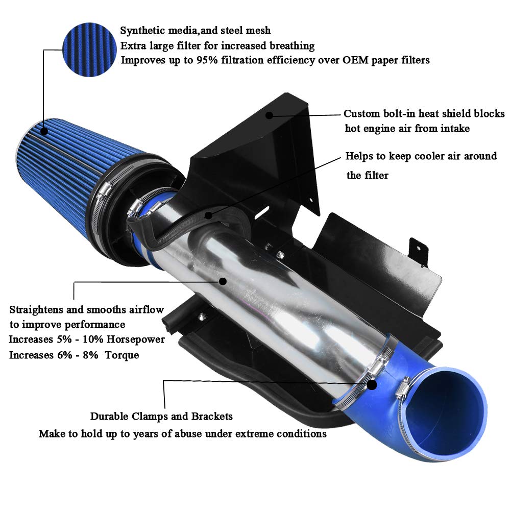 Moosun 4 Inch Cold Air Intake Silver Tube + Heat Shield For 1999-2006 Gmc/Chevy V8 4.8L/5.3L/6.0L Silverado 1500/2500/3500 Blue