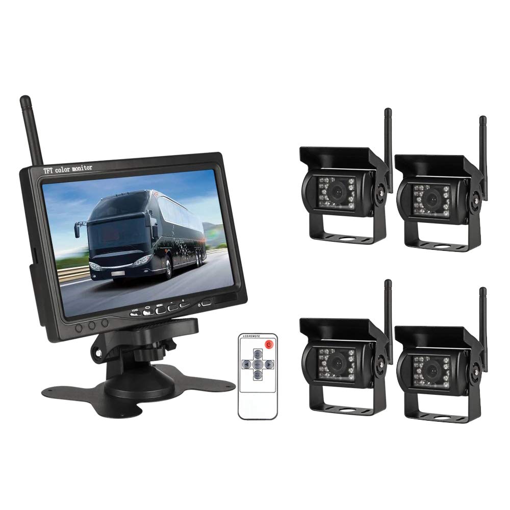Eversecu 4Pcs Wireless Vehicle Backup Cameras Plus 7'' Monitor Parking Assistance System For Rv/Suv/Van/Pickup/Truck/Trailer Rea