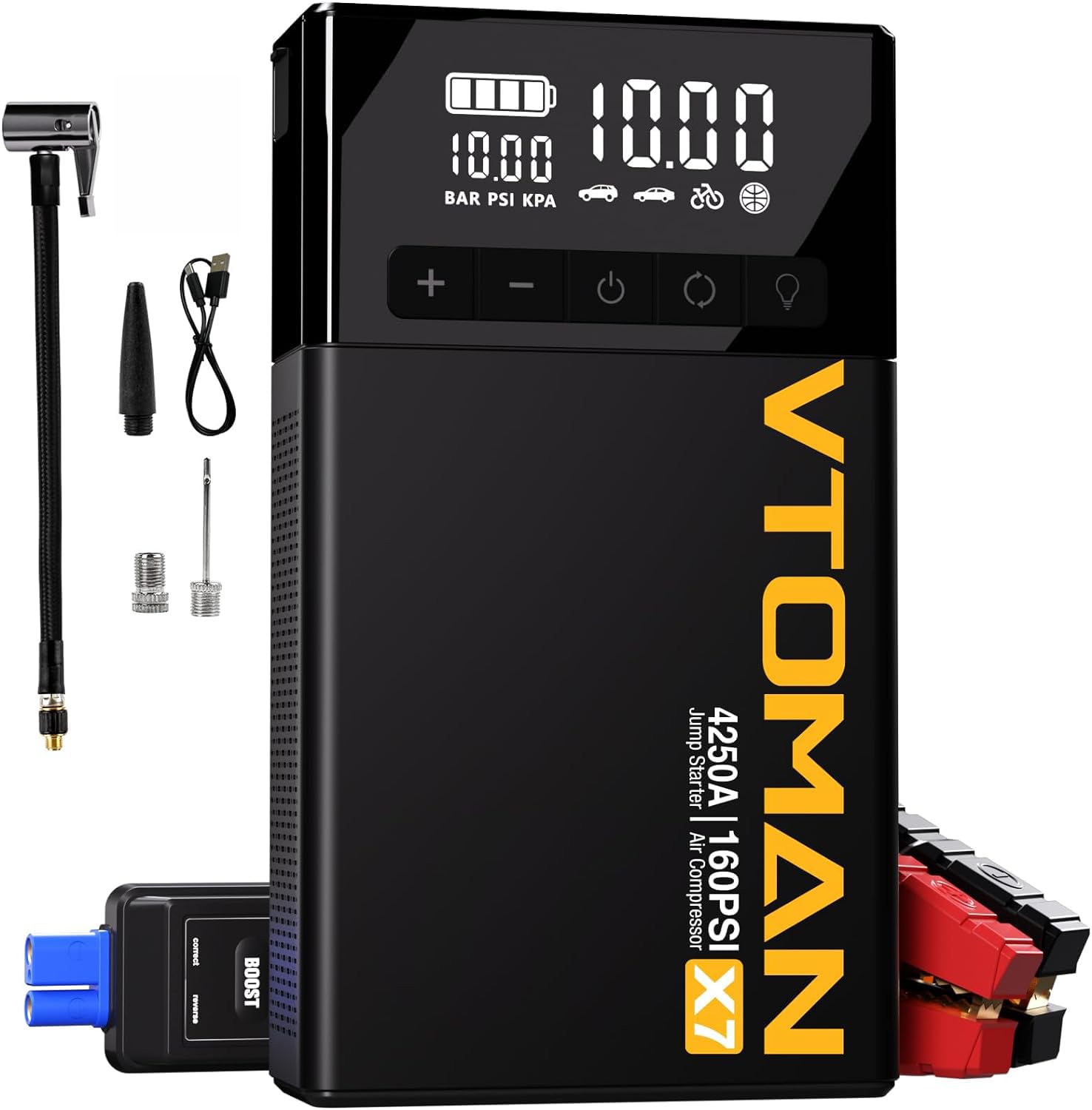 Vtoman X7 Jump Starter With Air Compressor, 4250A Portable Car Jumper With 160Psi Digital Tire Inflator,12V Lithium Battery Charger Booster Box With Type-C Quick Charge (Up 10L Gas/10L Diesel Engine)