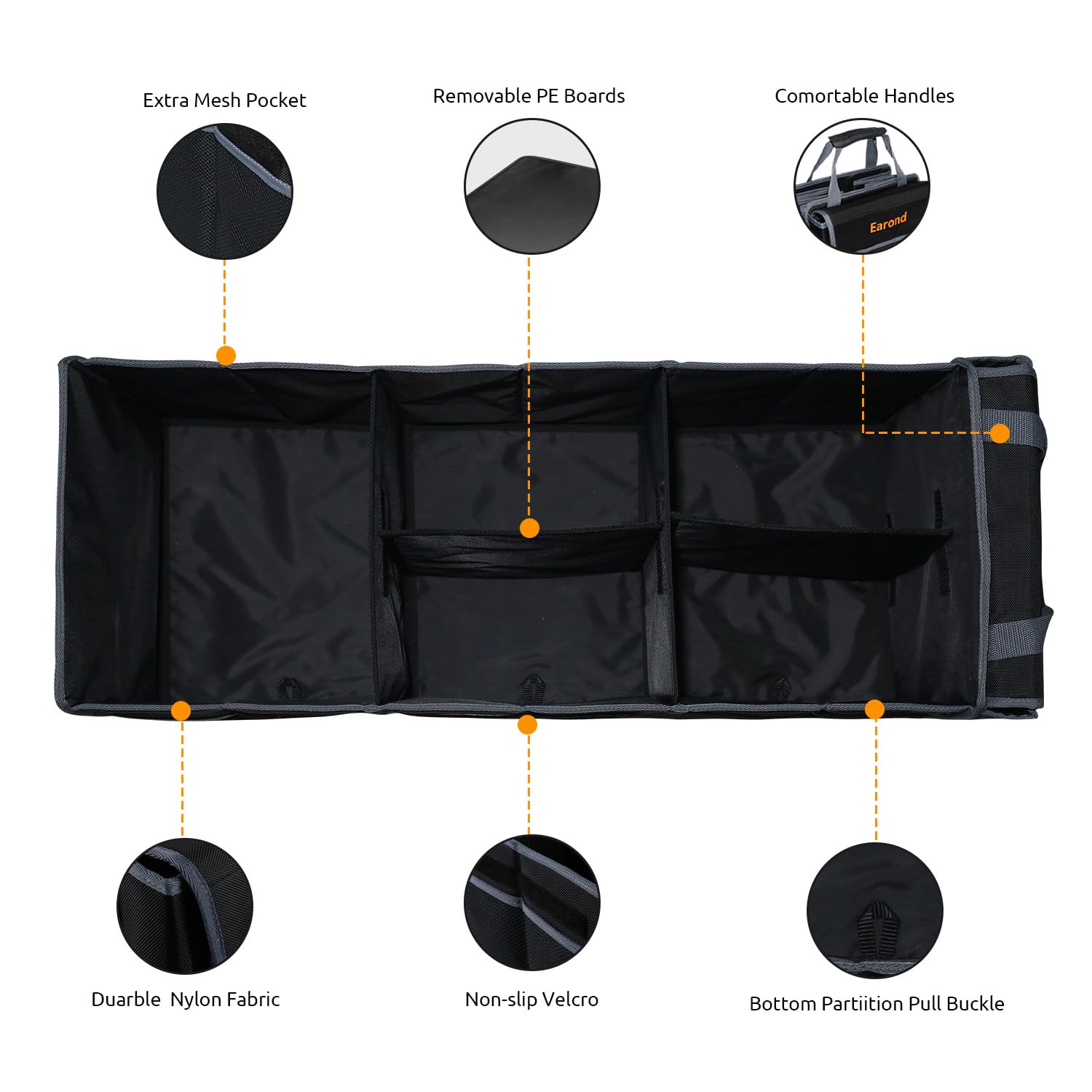 Earond Car Trunk Organizer With Lid,Collapsible Car Storage Organizer With Multi Compartments And Securing Straps For Suv,Sedan,