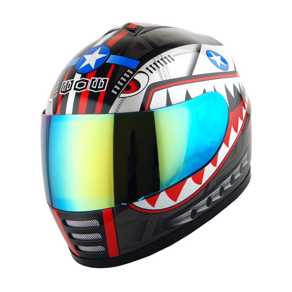 Wow Youth Motorcycle Full Face Helmet Street Bike Bmx Mx Kids Shark Black + Mx Skeleton Glove Bundle Size Medium