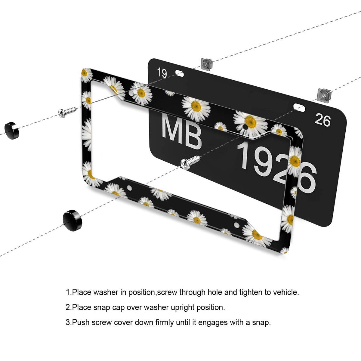 Personalized License Plate Frame Stainless Steels Cute White Daisy Black Background License Plate Car Tag Holder With 4 Holes An