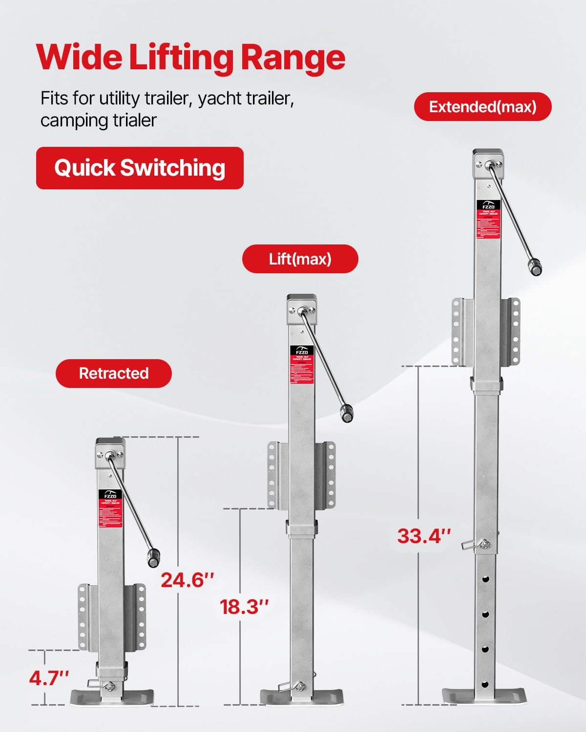 FZZD 8000 lbs Heavy Duty Trailer Jack, 20-24V Cordless Drill Compatible,28.6 Lift, for Utility, Yacht, Boat Trailer Jack,Silve